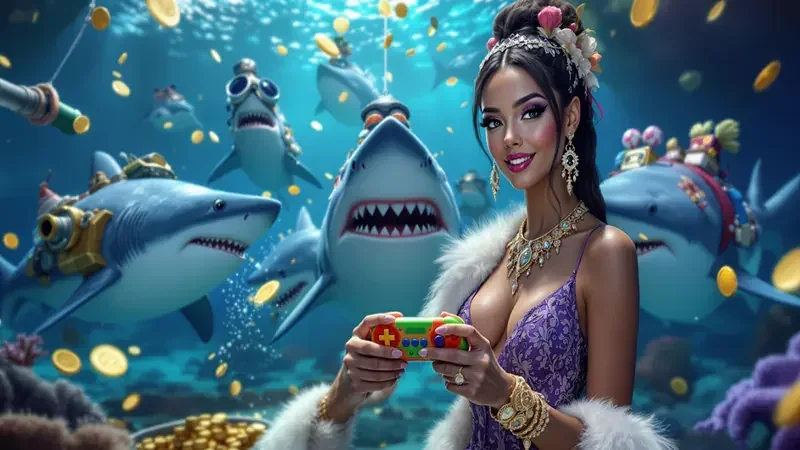 Adegan target ikan dan kontrol meriam dalam permainan arcade bawah laut